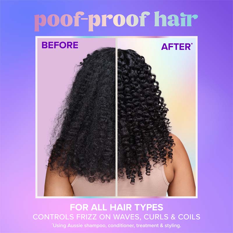 Poof-Proof Hair. For all hair types. Controls Frizz on waves, curls, and coils