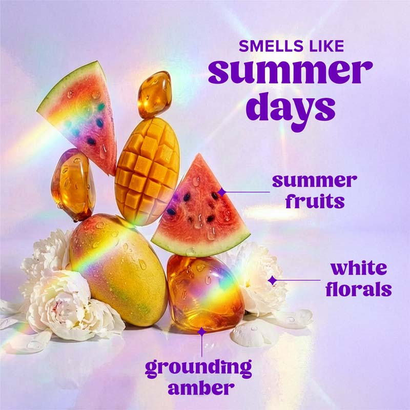 Smells like Summer Days. Summer Fruits, White Florals, grounding amber