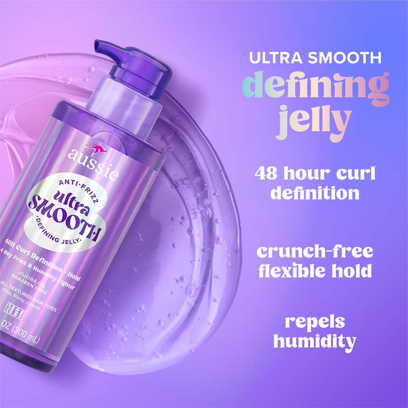 Aussie Ultra Smooth Defining Jelly 48 hour curl definition, crunch-free flexible hold, repels humidity