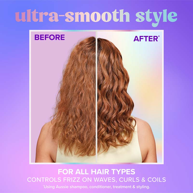 Ultra-smooth style. For all hair types. Controls Frizz on waves, curls, and coils