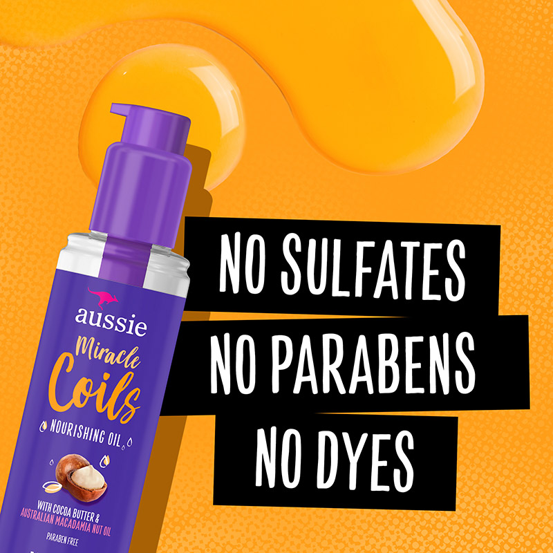 Aussie Miracle Coils Nourishing Oil contains no sulfates no parabens no dyes
