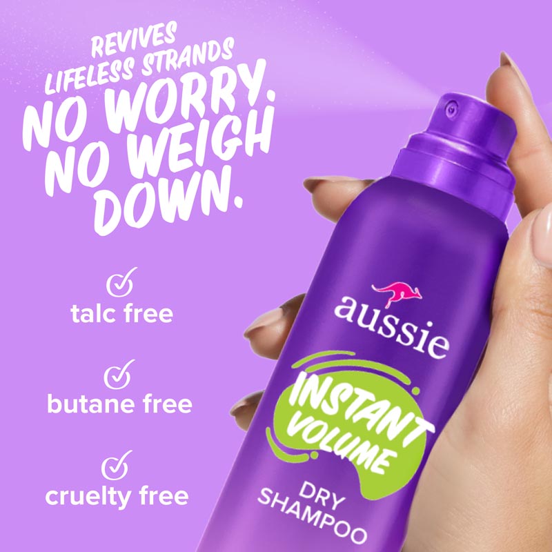 Aussie Instant Volume Dry Shampoo Revives Lifeless Strands. No worry, no weigh down