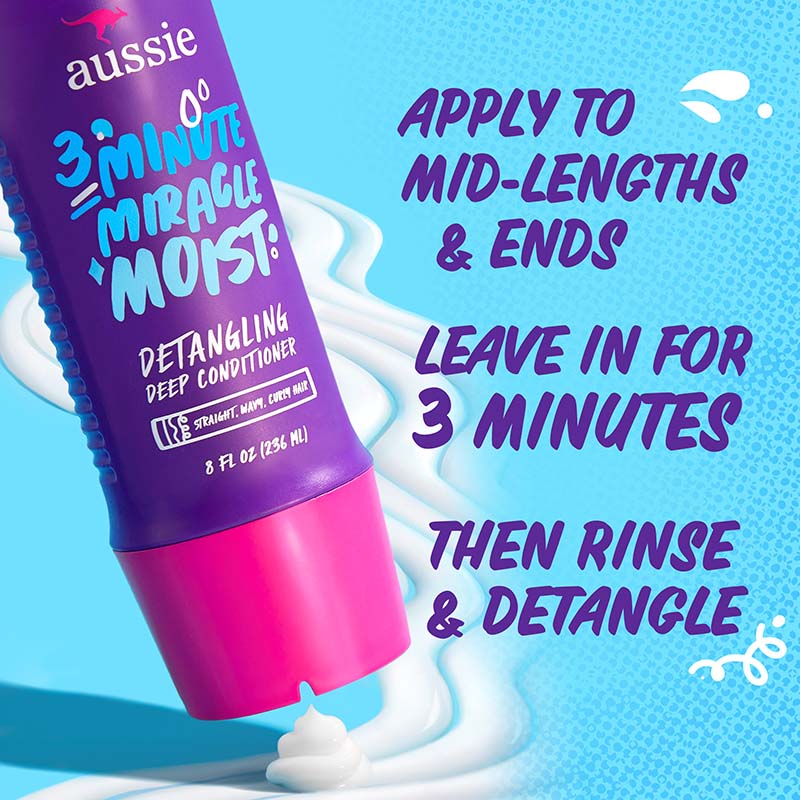 Apply to mid-lengths and ends, leave in for 3 minutes, then rinse and detangle