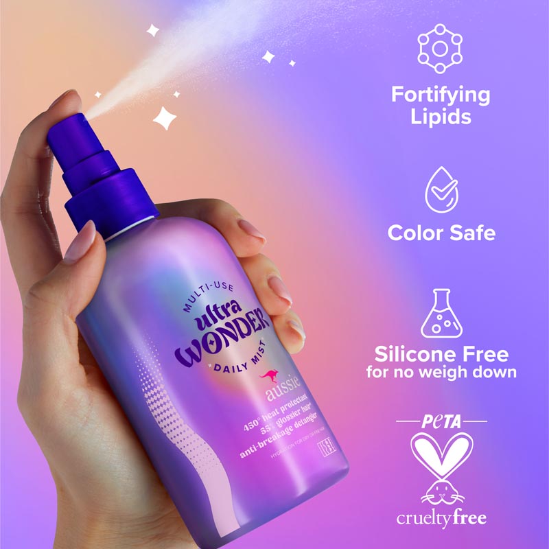 Aussie Ultra Wonder Daily Mist fortifying lipids, color safe, silicone free no weigh down, Peta cruelty free.