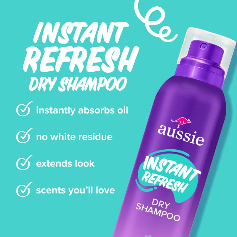 Aussie Instant Refresh Dry Shampoo. Instantly absorbs oil. No white residue. Extends look. Scents youll love