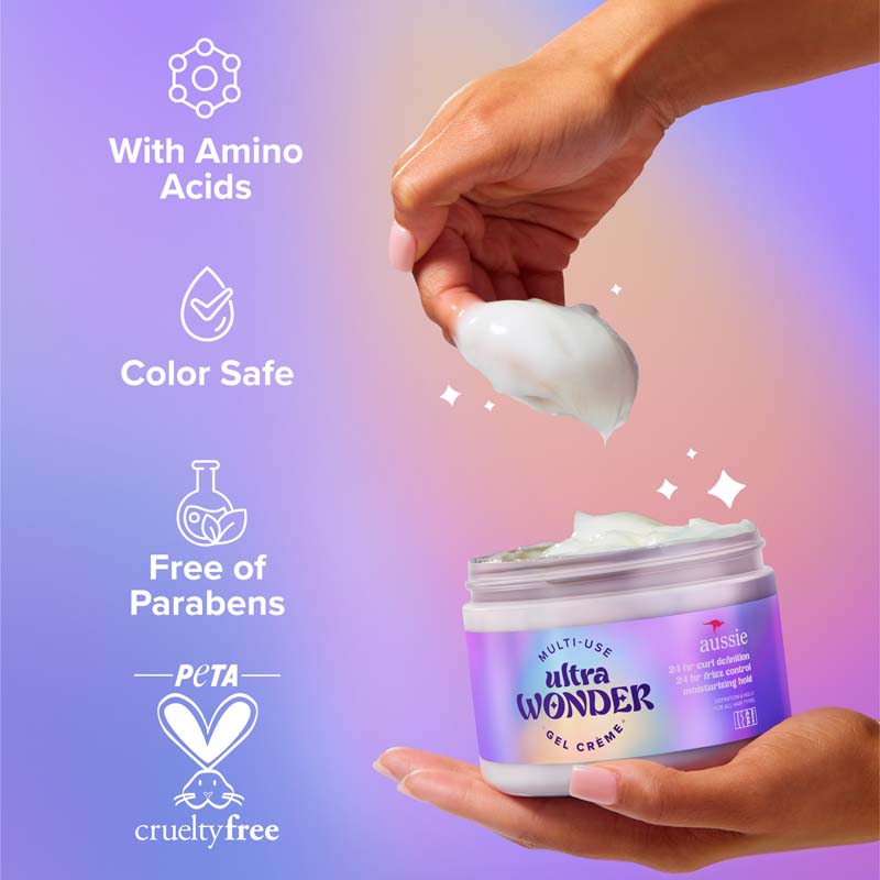 Aussie Ultra Wonder Gel Crème with amino acids, color safe, free of parabens, peta cruelty free