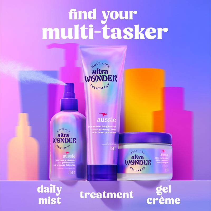 Aussie Ultra Collection find your multi-tasker. Daily Mist, Treatment, Gel Creme