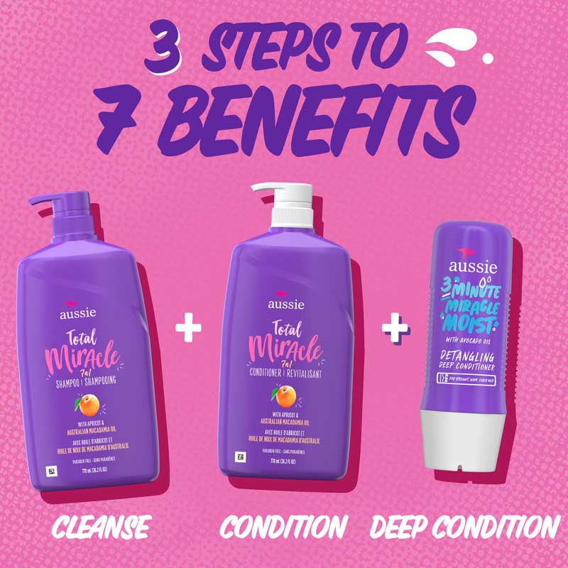 3 steps to  7 benefits. Cleanse, condition, deep condition