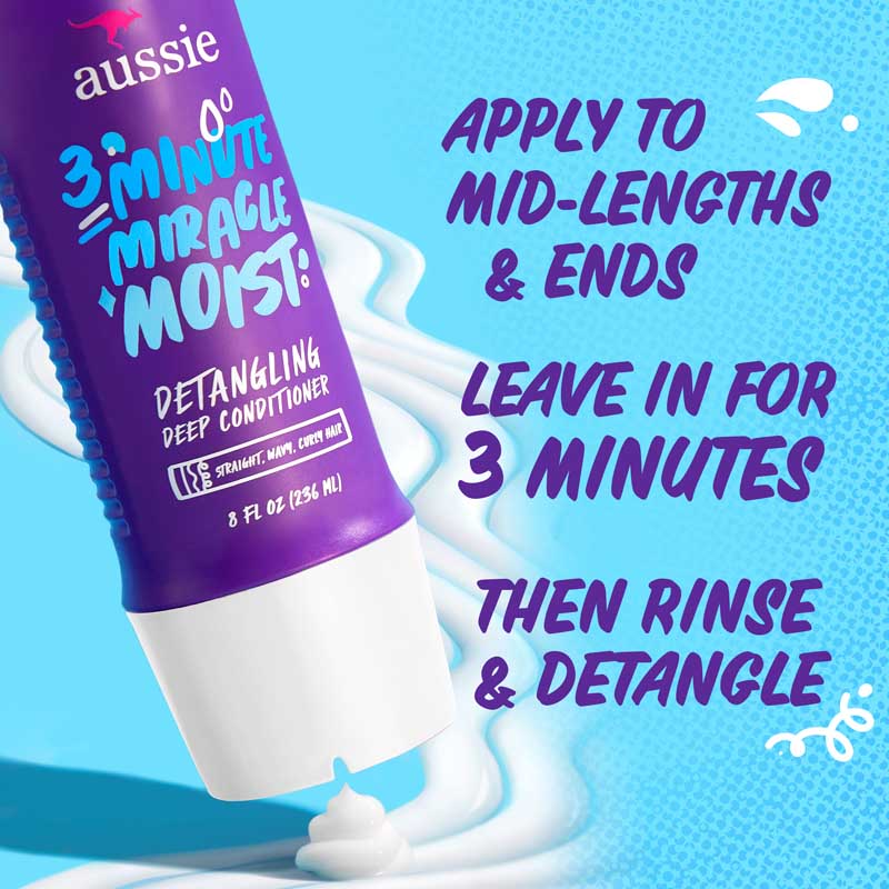 Apply to mid-lengths and ends, leave in for 3 minutes, then rinse and detangle