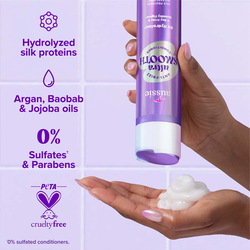 Aussie Ultra Smooth Conditioner. Hydrolyzed Silk proteins, Argan, Baobab & Jojoba oils,  0% sulfates* & parabens, PETA cruelty free *0% sulfated conditioners