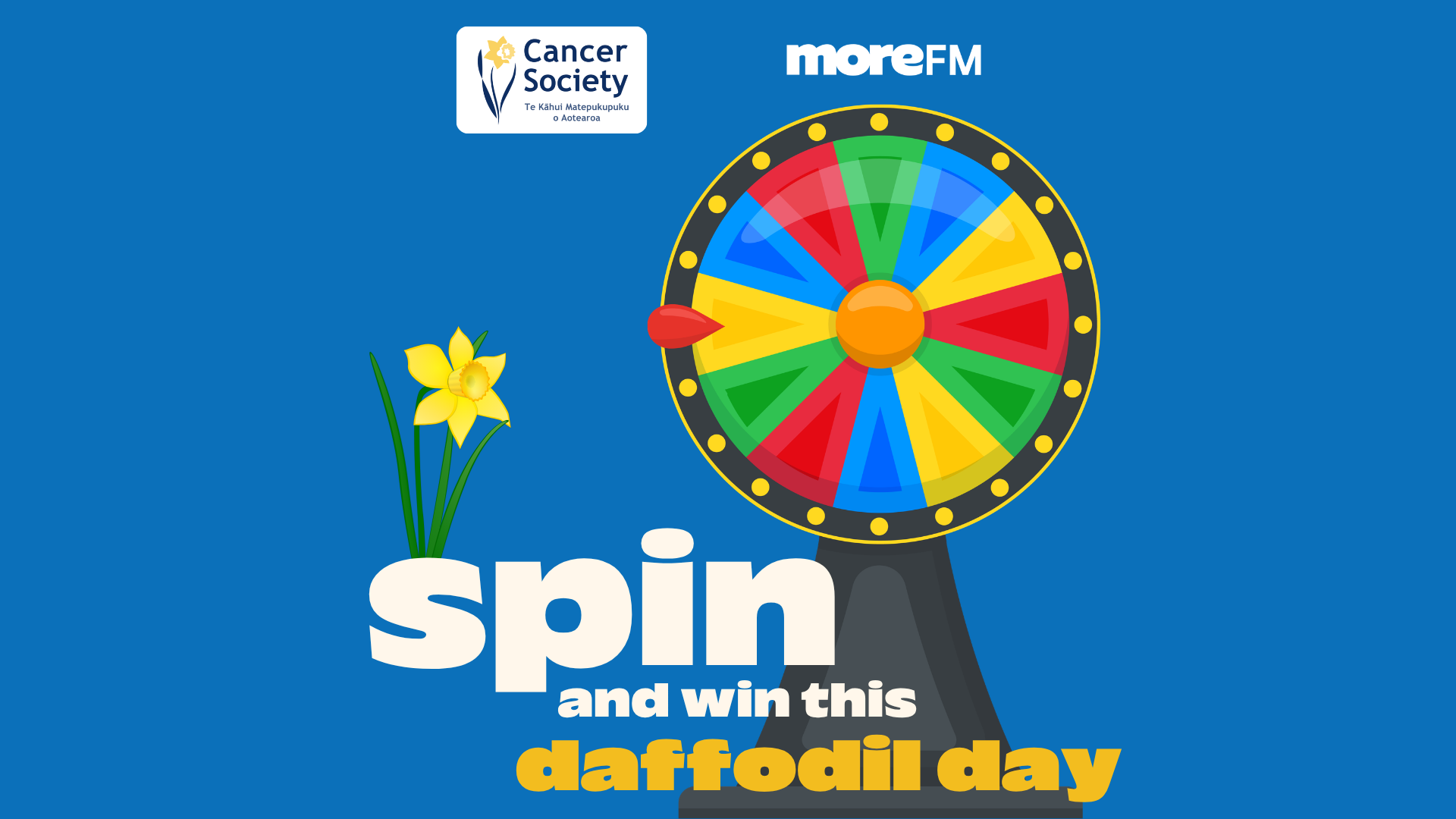 A blue graphic promoting "Spin and Win this Daffodil Day" features a yellow daffodil, a colorful spinning wheel, and the Cancer Society and moreFM logos.