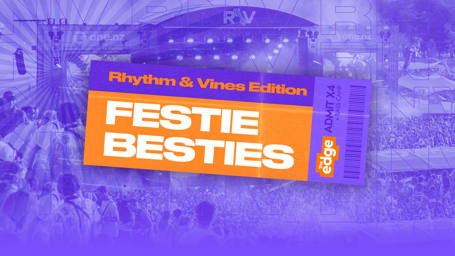 A purple and orange festival ticket for 'Rhythm & Vines Festie Besties' overlays a faded purple image of a music festival stage and crowd.
