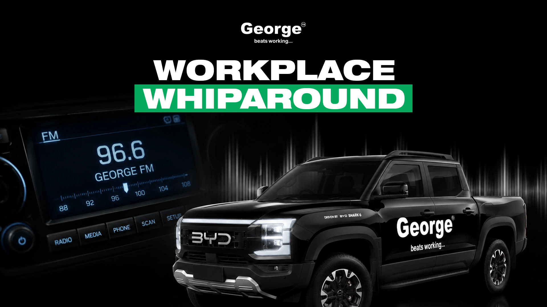 A black pickup truck featuring "George beats working..." branding, a car radio tuned to "96.6 GEORGE FM", and large text reading "WORKPLACE WHIPAROUND" against a dark background with sound wave graphics.