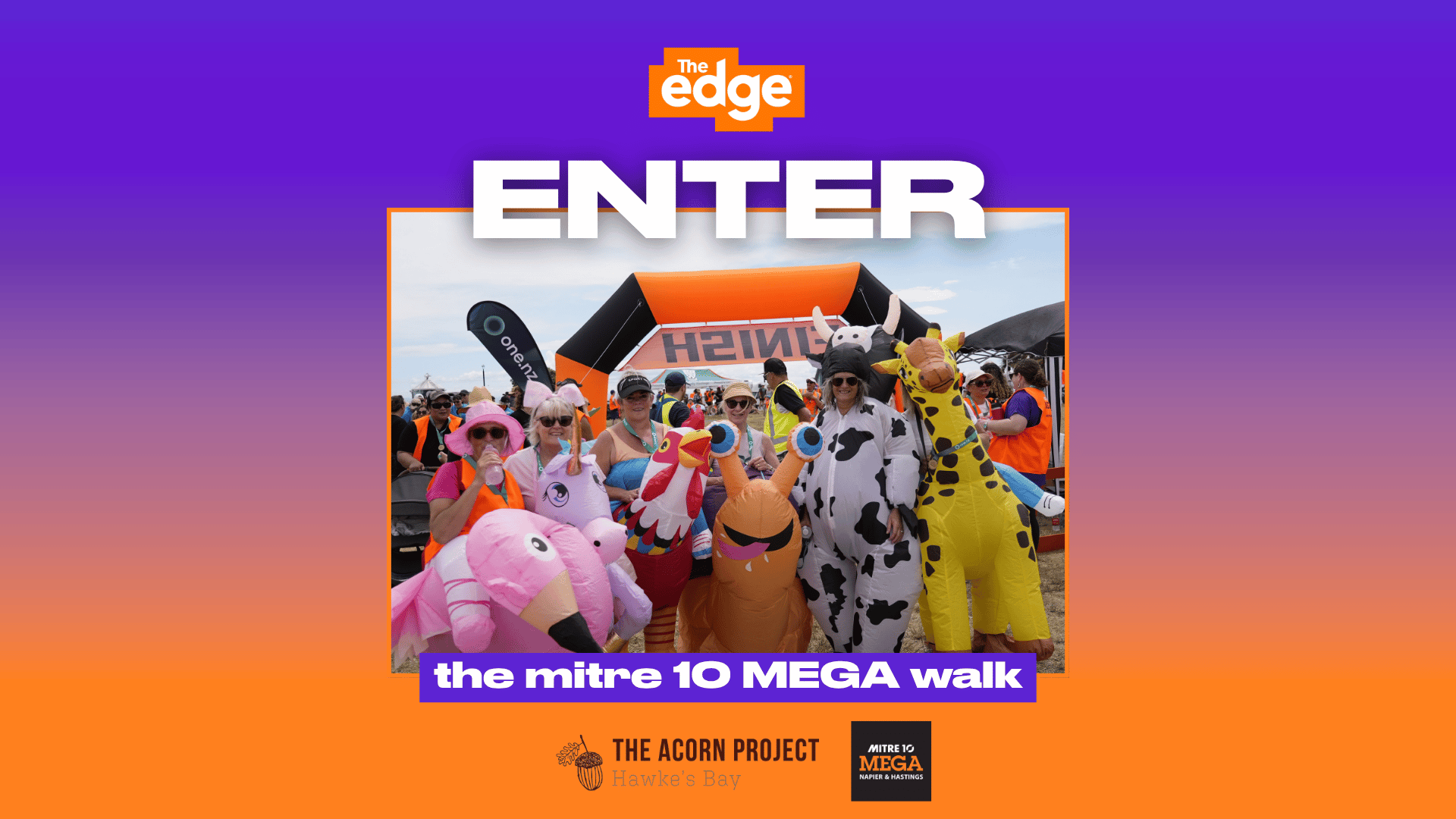 A group of people in colorful inflatable animal costumes pose cheerfully in front of a finish line arch at the Mitre 10 MEGA Walk, with event logos visible.