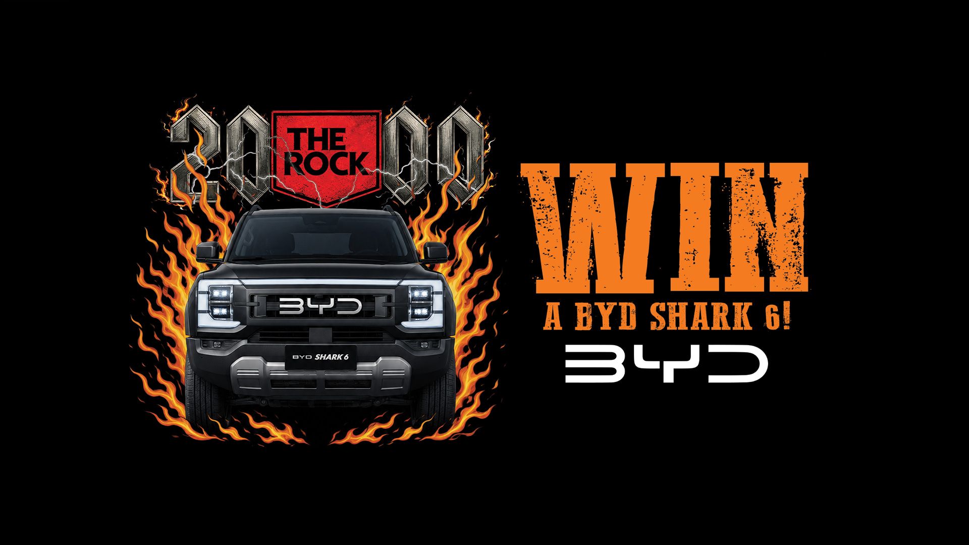 A promotional image shows "2000 THE ROCK" with a flaming black BYD Shark 6 truck, next to "WIN A BYD SHARK 6!" in orange text and a white BYD logo on a black background.