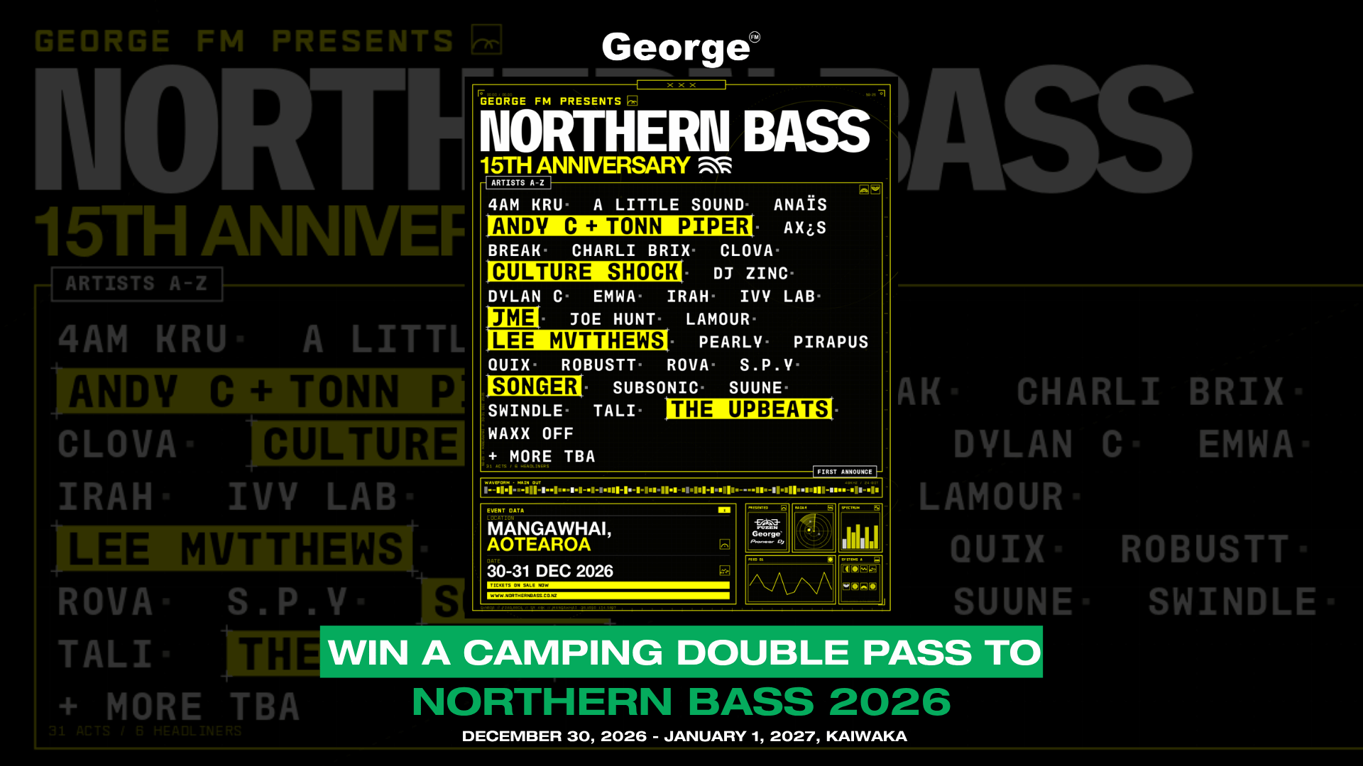A black and yellow promotional poster for Northern Bass 2026, featuring a list of artists, event data, and details about winning a camping double pass for the event taking place December 30, 2026 - January 1, 2027.