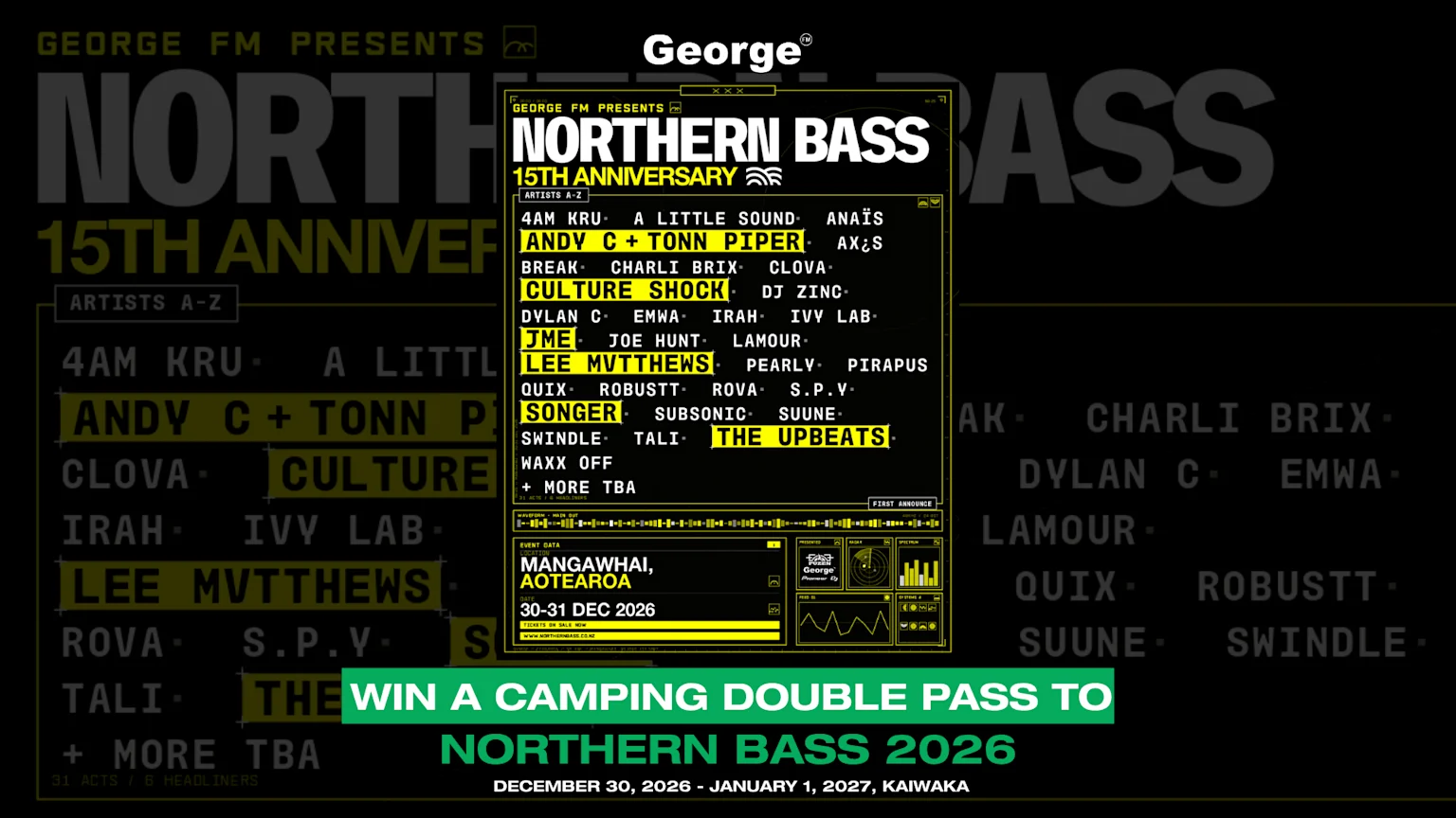 A black and yellow promotional poster for Northern Bass 2026, featuring a list of artists, event data, and details about winning a camping double pass for the event taking place December 30, 2026 - January 1, 2027.