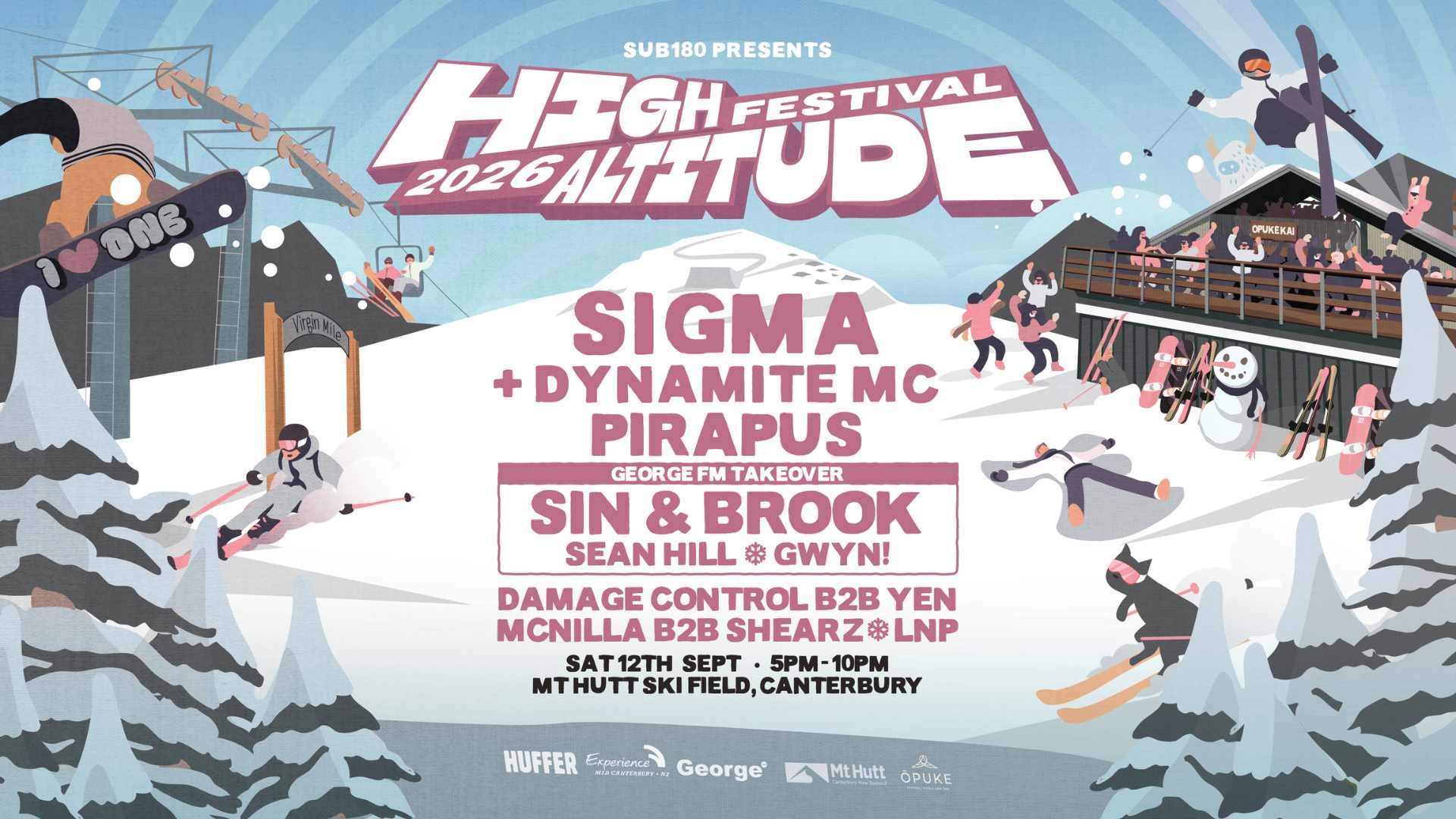 A vibrant festival poster for High Altitude 2026 at Mt Hutt, depicting a lively ski scene with snowboarders, skiers, a lodge, and event details like music acts and dates.