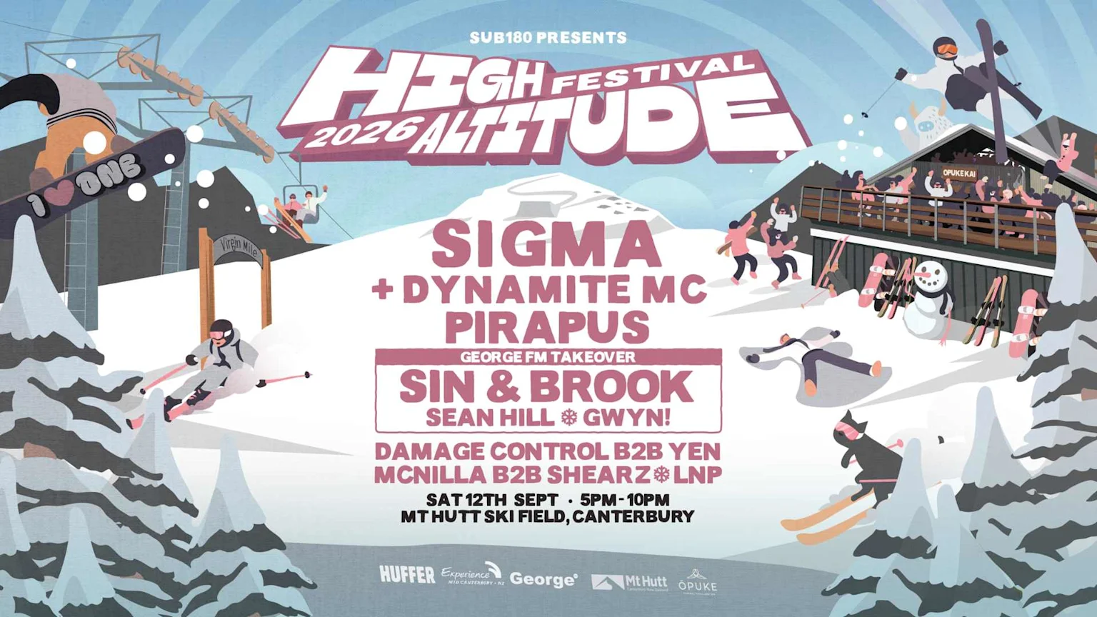 A vibrant festival poster for High Altitude 2026 at Mt Hutt, depicting a lively ski scene with snowboarders, skiers, a lodge, and event details like music acts and dates.