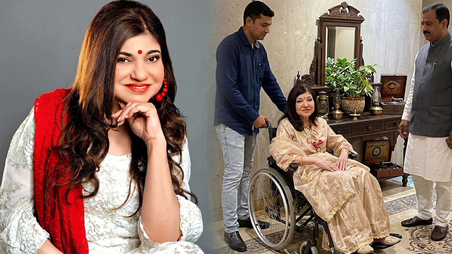 Singer Alka Yagnik is shown in a composite image: on the left, smiling in a portrait, and on the right, seated in a wheelchair with a man pushing and another man standing beside her.