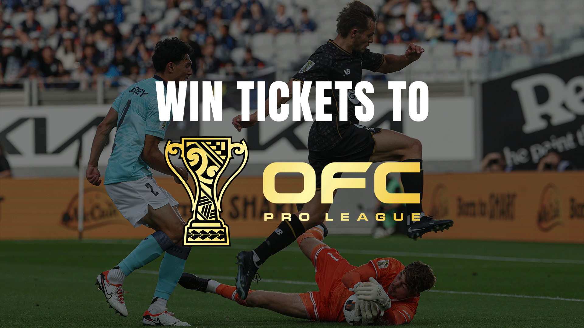 An action shot of a soccer match with three players, featuring overlaid white text "WIN TICKETS TO", a gold trophy icon, and gold text "OFC PRO LEAGUE".