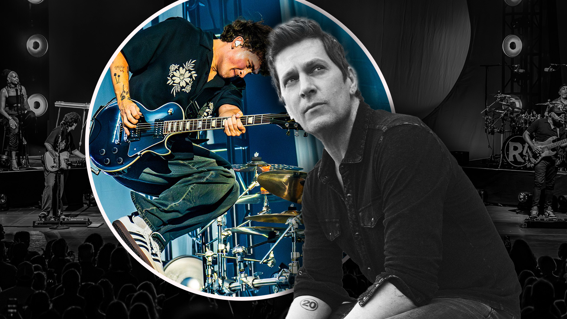 Image of Rob Thomas overlayed over an image of his son playing guitar on stage at a Rob Thomas concert