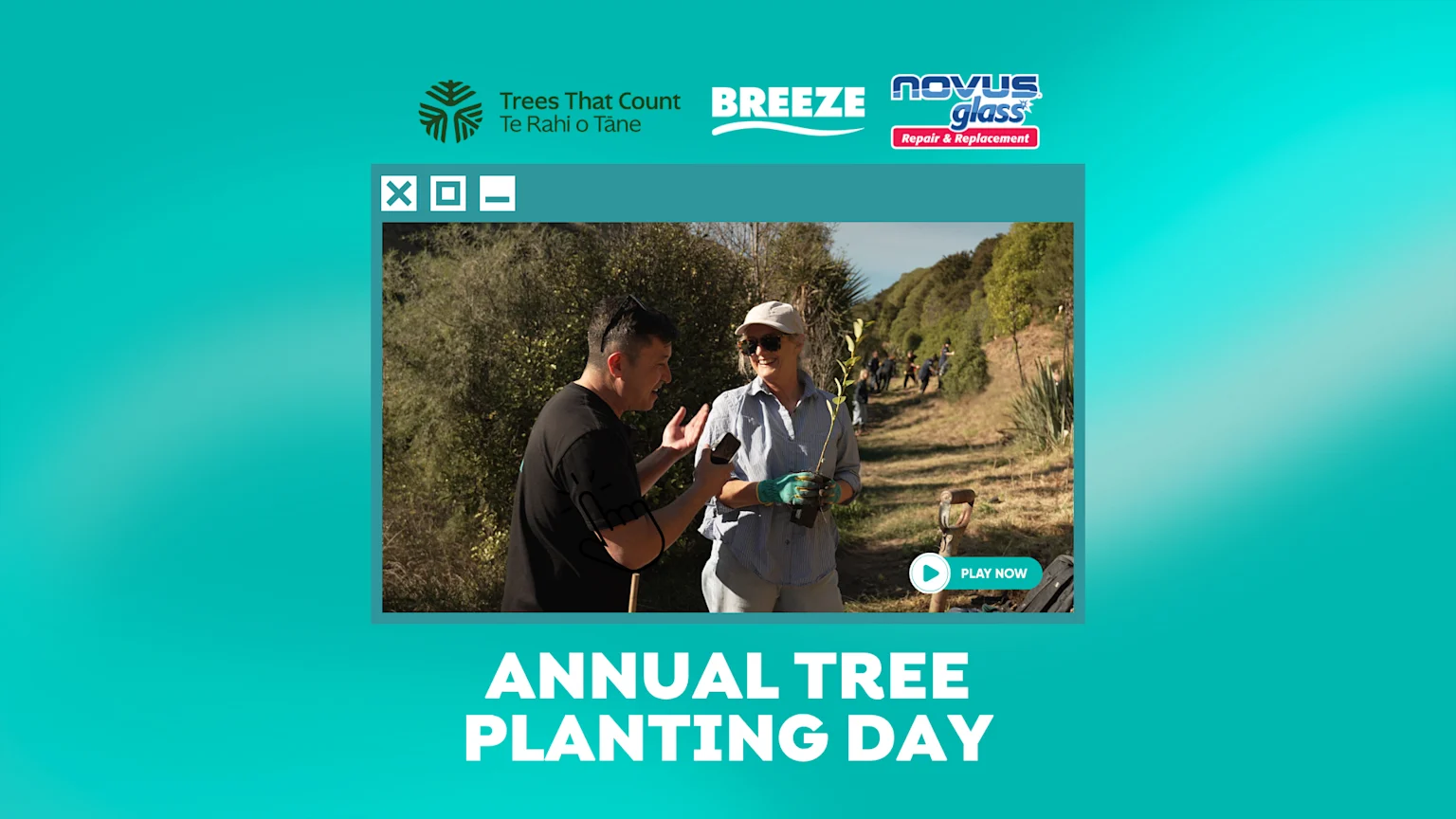 A video still shows a woman holding a sapling and talking to a man during a tree planting event, with other planters in the background, featuring 'ANNUAL TREE PLANTING DAY' text and logos including Breeze.