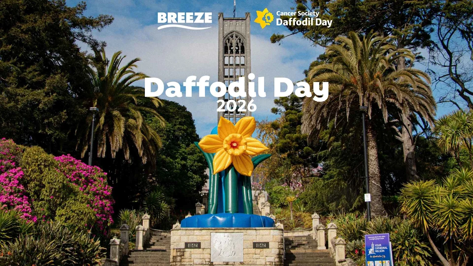 A large yellow inflatable daffodil on a monument with a cathedral tower and lush trees in the background promotes "Daffodil Day 2026", featuring "BREEZE" and a "Nelson" sign.