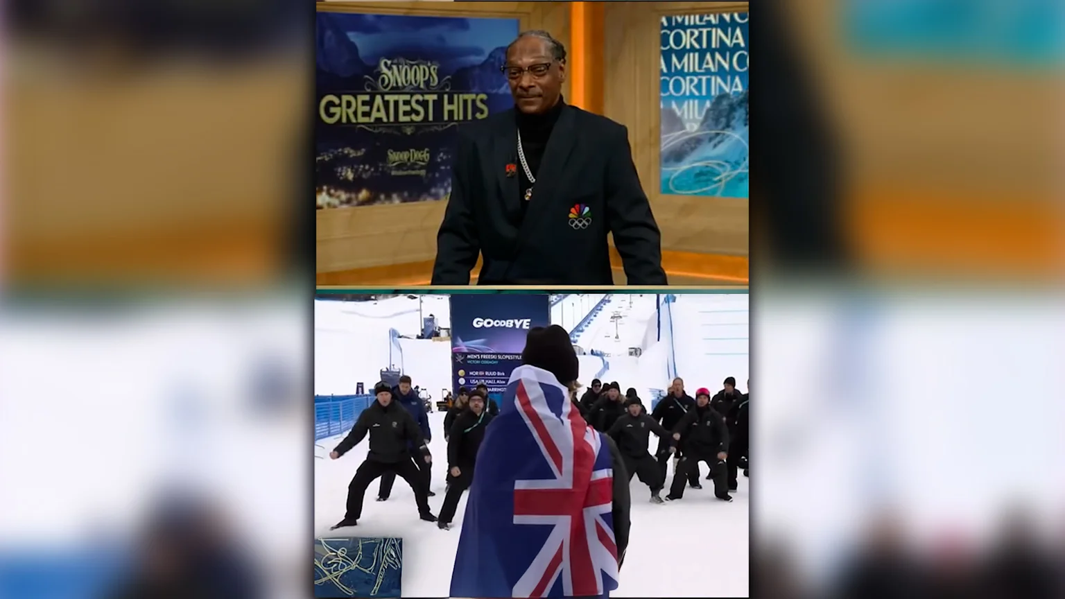A horizontal split-screen image with rapper Snoop Dogg in a broadcast studio presenting a music segment, with NBC Olympics branding visible. The lower half shows a snowy ski resort scene at the Milano Cortina event, featuring a person draped in a Union Jack flag and a group of adults performing synchronized movements during a men's freeski slopestyle victory ceremony with Norway, USA, and Switzerland represented.