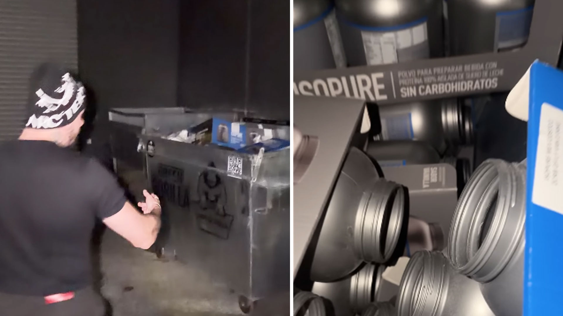 A person stands by a dumpster containing numerous grey ISOPURE protein powder tubs, some with visible Spanish text "POLVO PARA PREPARAR BEBIDA CON PROTEÍNA 100% AISLADA DE SUERO DE LECHE SIN CARBEHIDRATOS."
