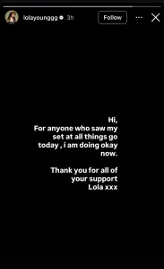 An Instagram post from Lola Young reassured fans she is "doing ok".