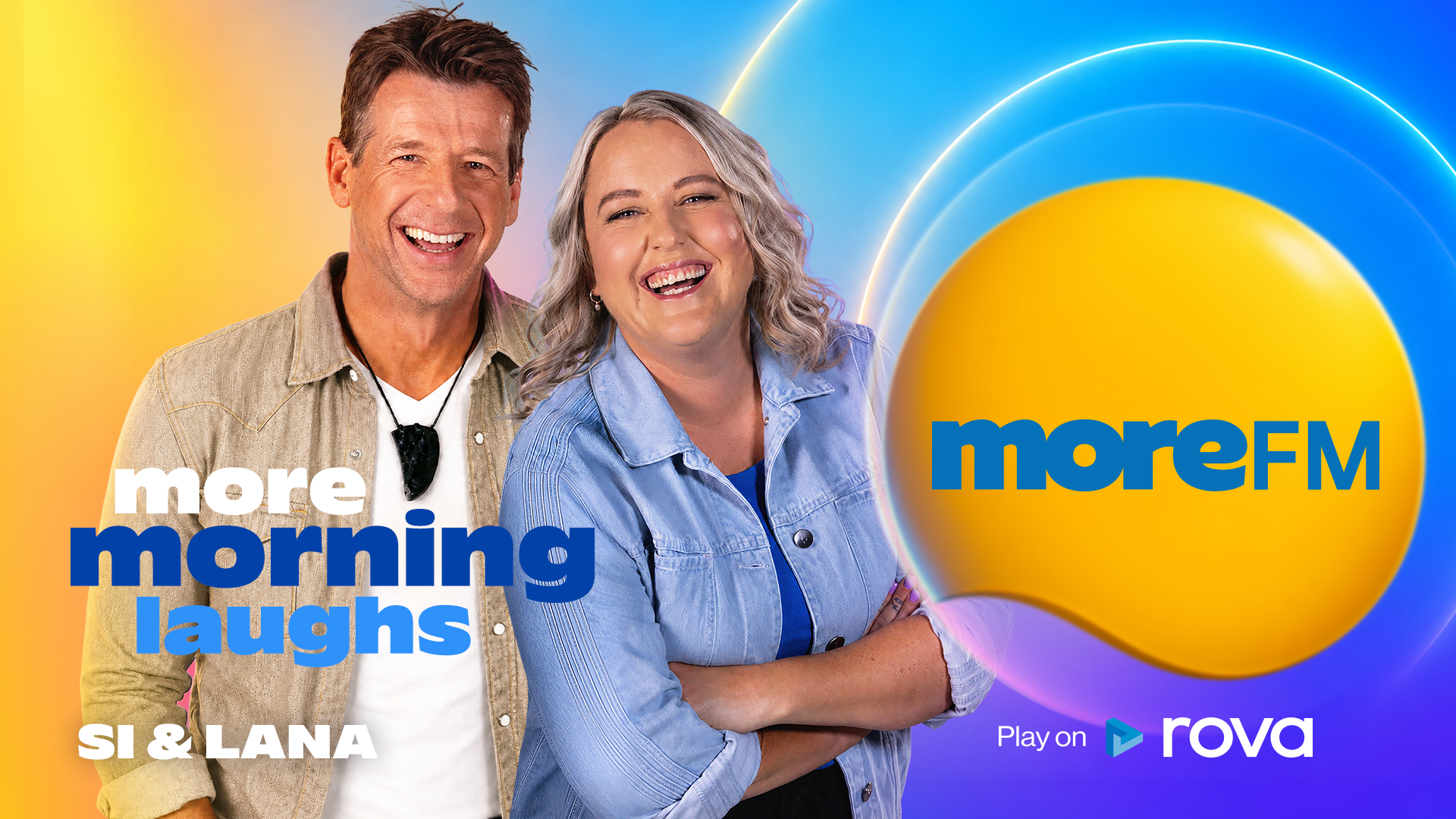 Lana and Simon sitting on a couch, smiling at the camera. Lana is holding a bowl of food, and Simon has a yellow mug in his hand.
