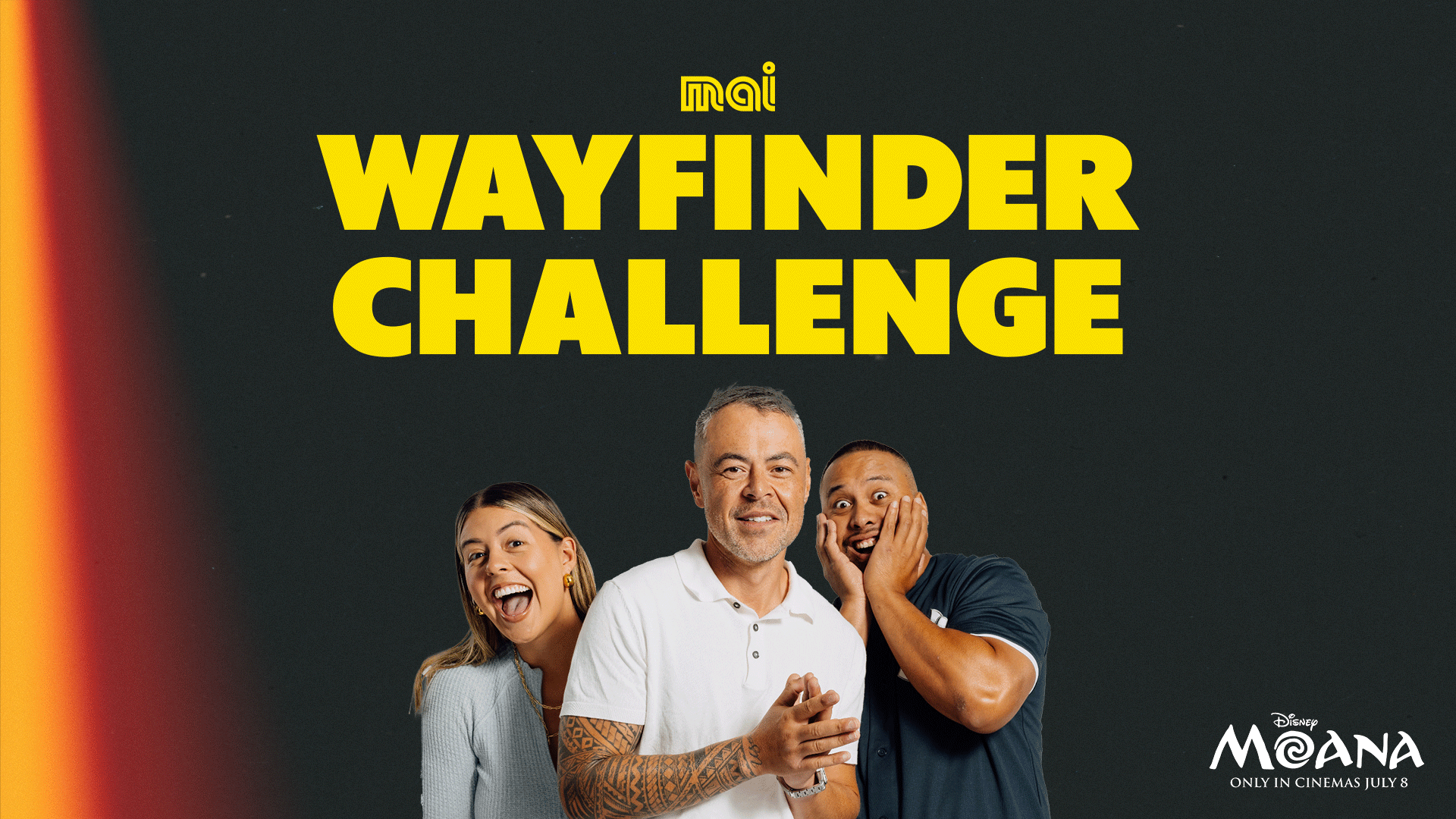 Three people, a woman laughing, a man smiling, and another man looking surprised, appear below the yellow text 'mai WAYFINDER CHALLENGE' on a dark background with the Disney Moana logo.