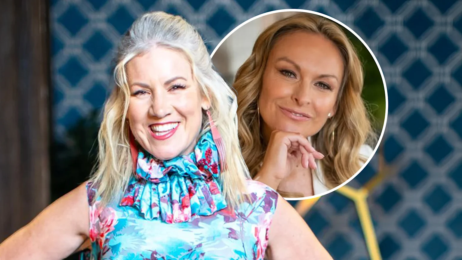 A joyful Lucinda Light in a floral top smiles broadly, while a circular inset shows a softly smiling Mel Schilling, chin in hand, in the upper right.