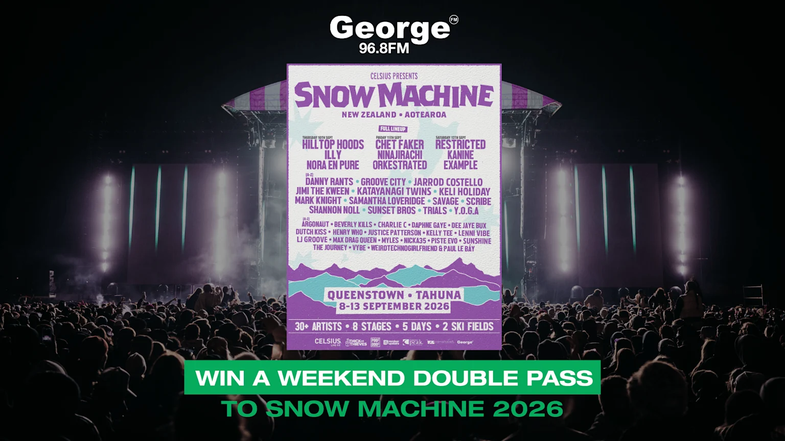 A concert crowd faces a stage with a large "Snow Machine" festival poster showing lineup, dates September 8-13, 2026, location Queenstown, and a "Win a weekend double pass" banner.
