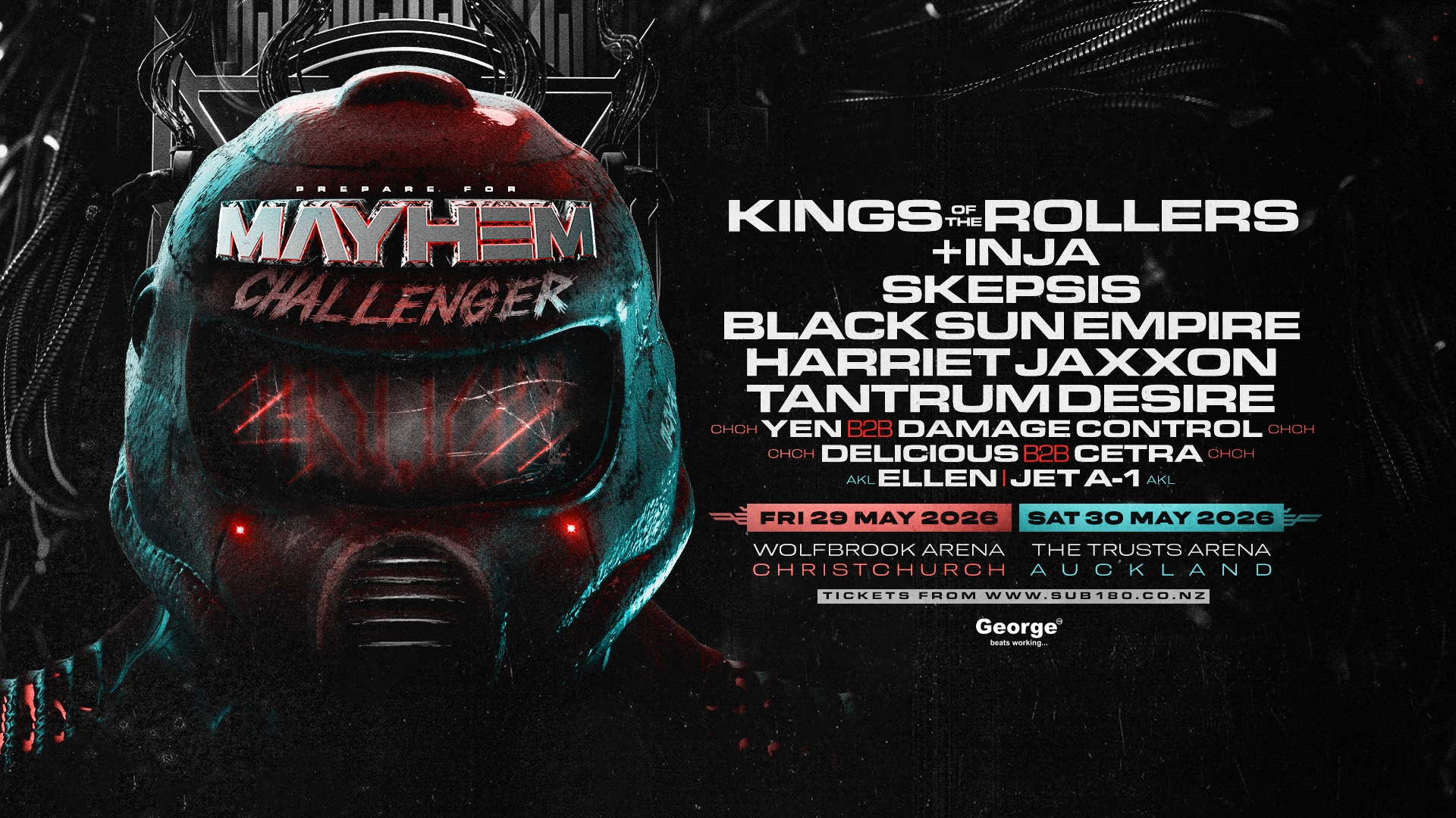 A dark, futuristic helmet with glowing red eyes, emblazoned with "MAYHEM CHALLENGER," next to a list of electronic music artists and event details for May 29-30, 2026 in Christchurch and Auckland.