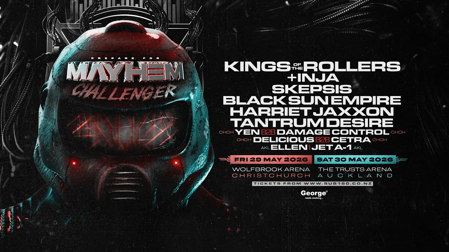 A dark, futuristic helmet with glowing red eyes, emblazoned with "MAYHEM CHALLENGER," next to a list of electronic music artists and event details for May 29-30, 2026 in Christchurch and Auckland.