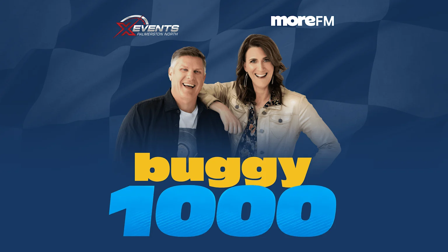 A promotional image featuring a smiling man and woman, with "XEVENTS PALMERSTON NORTH" and "moreFM" logos, and the text "buggy" in yellow above "1000" in blue, on a dark blue checkered background.