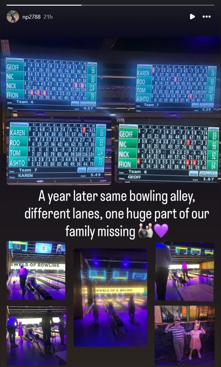 Picture of a bowling alley scoreboard and a collage of pictures of Liam Payne's family at the bowling alley