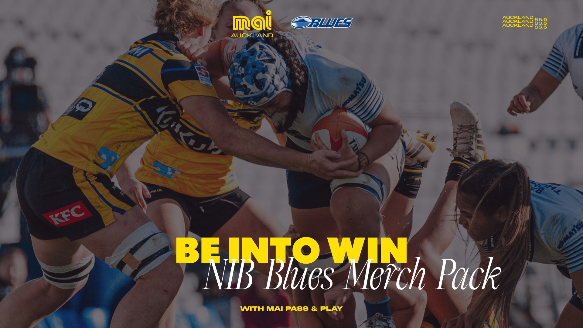 Two female rugby players are in a tackle, one in a light blue jersey holding a ball, and another in a yellow and black jersey, with "BE INTO WIN NIB Blues Merch Pack" overlaying the image.