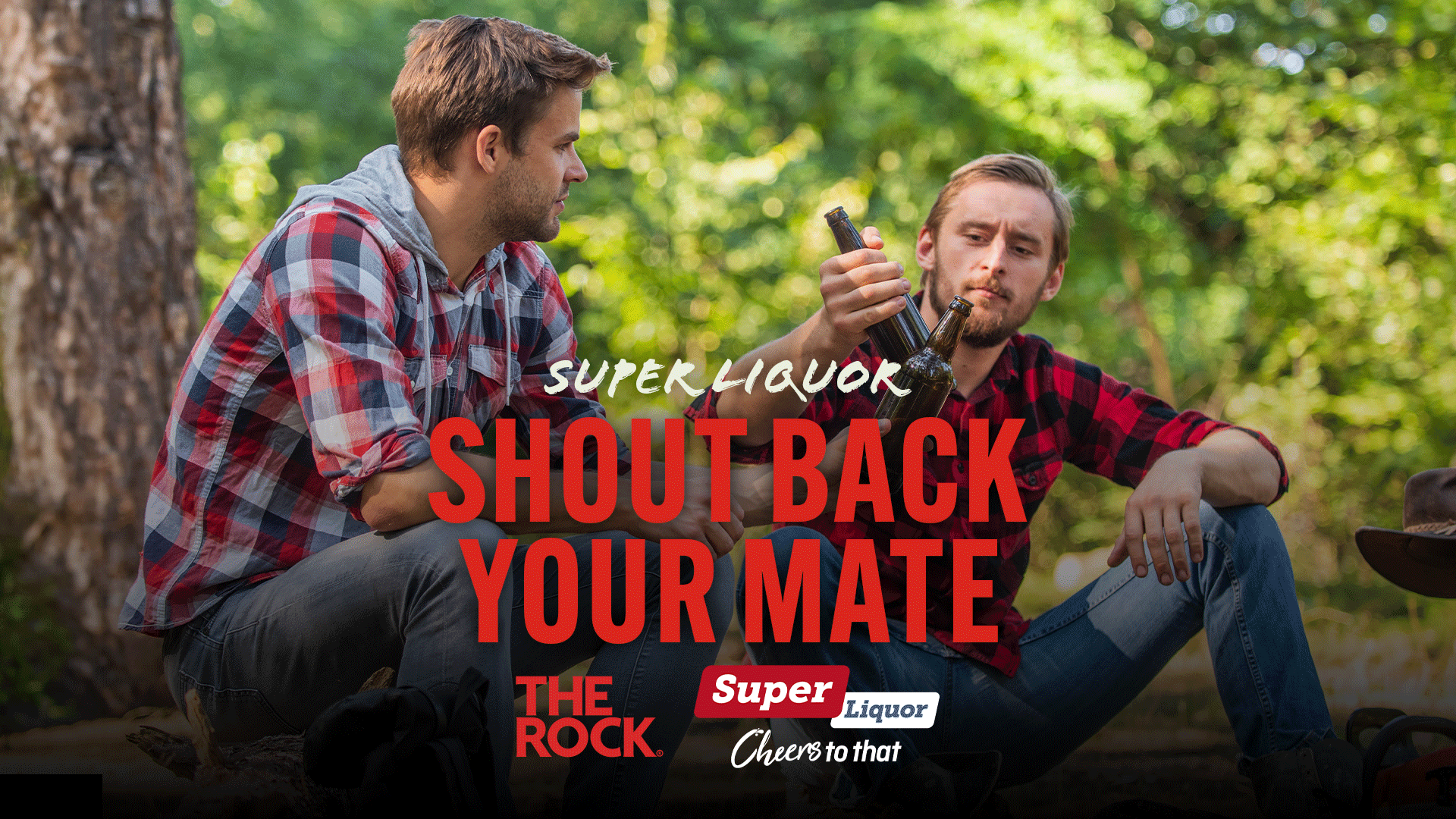 Two men in plaid shirts sit outdoors; one holds two beer bottles, and overlaid text reads "SUPER LIQUOR SHOUT BACK YOUR MATE."