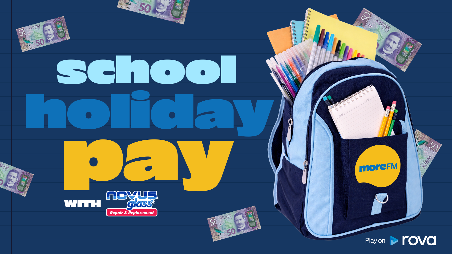 A dark blue image with "school holiday pay" text, falling NZ $50 notes, a school backpack filled with supplies, and logos for Novus Glass, More FM, and Rova.
