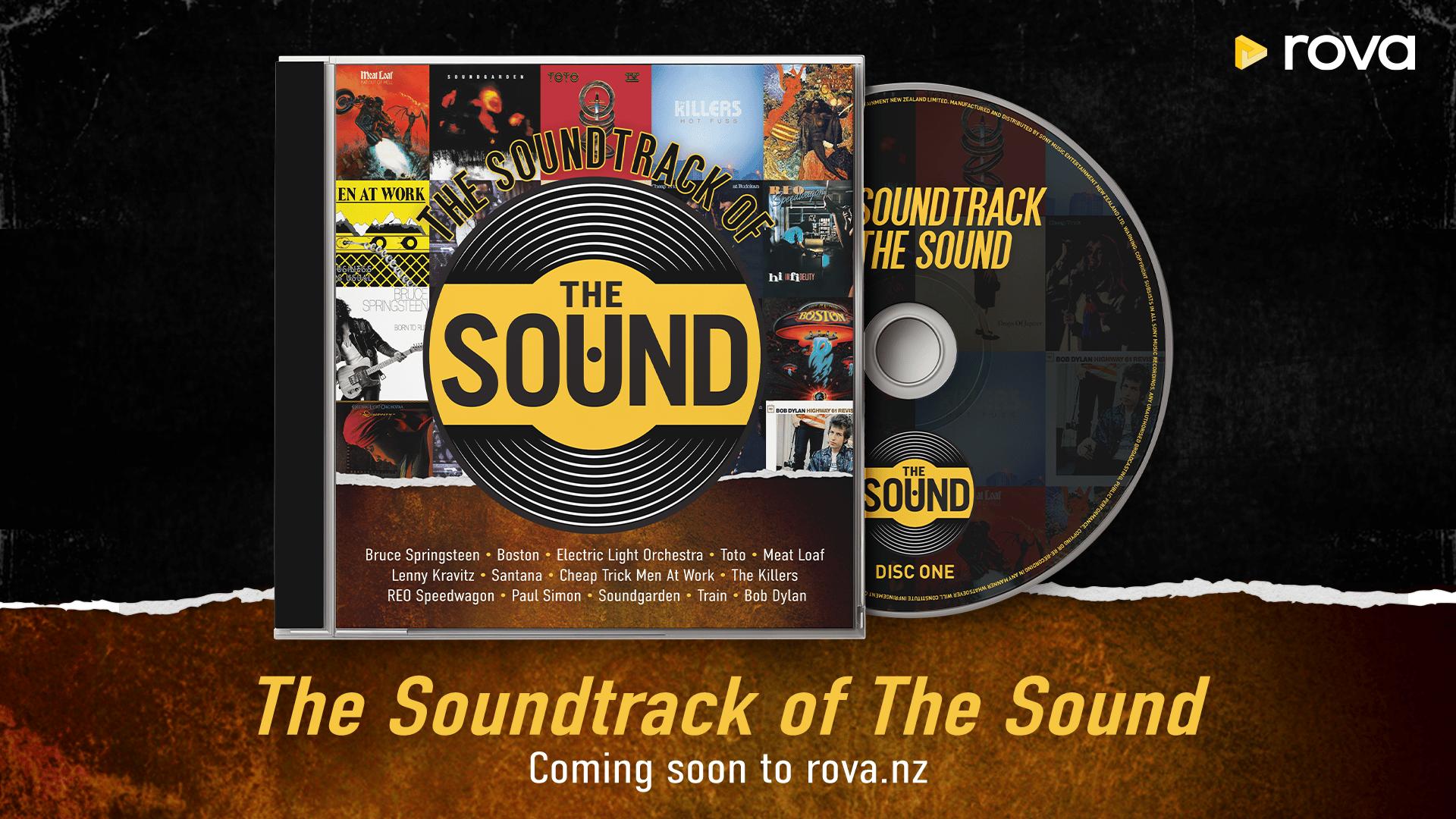 A CD jewel case titled "The Soundtrack of The Sound" with a yellow vinyl logo and various album art, next to a matching CD disc, with "Coming soon to rova.nz" below.