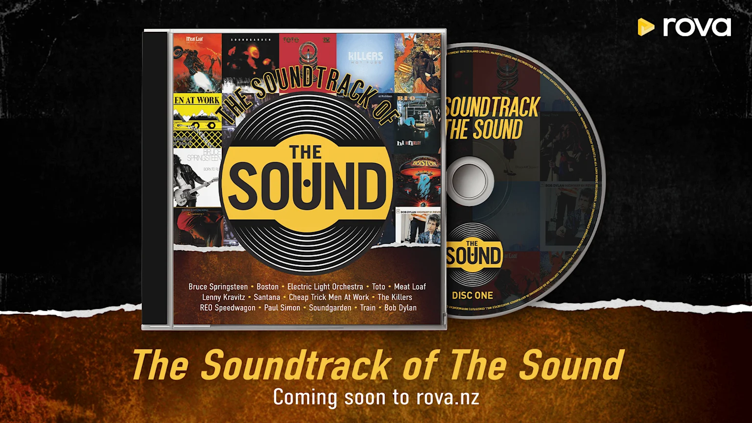 A CD jewel case titled "The Soundtrack of The Sound" with a yellow vinyl logo and various album art, next to a matching CD disc, with "Coming soon to rova.nz" below.