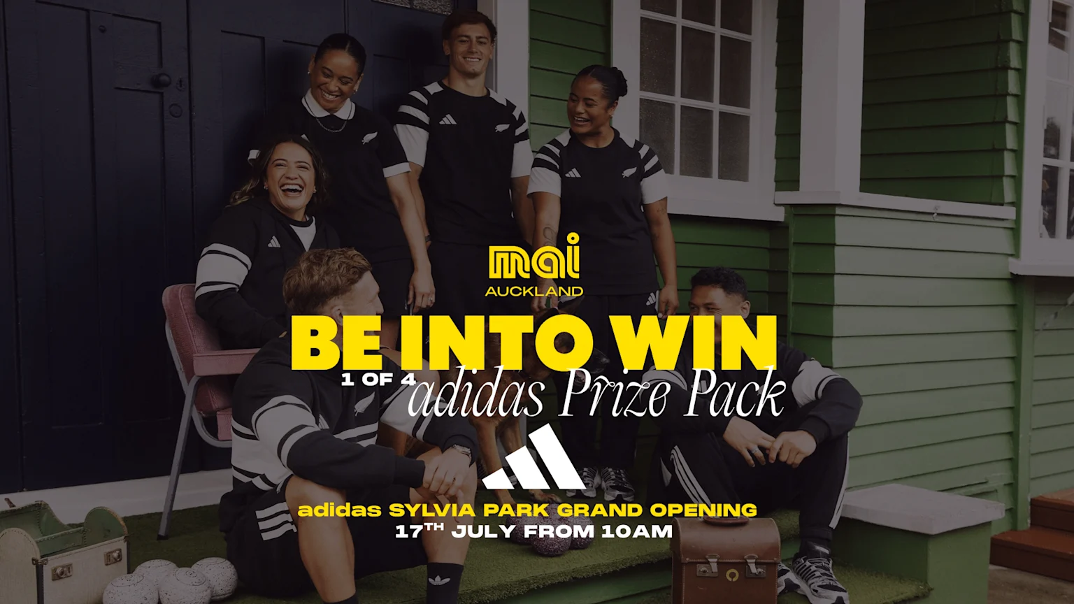 Several smiling people in black and white Adidas-branded clothing are gathered on a porch, with prominent yellow text declaring "BE INTO WIN 1 OF 4 adidas Prize Pack" and announcing an "adidas SYLVIA PARK GRAND OPENING."
