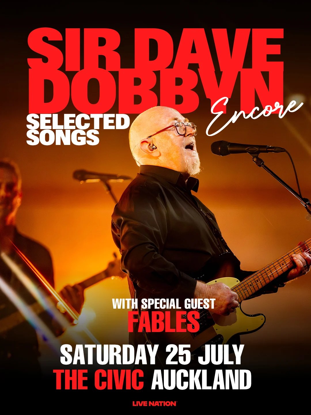 A concert poster shows Sir Dave Dobbyn, a man with a white beard and glasses, singing into a microphone while playing an electric guitar on a warmly lit stage, with concert details below.