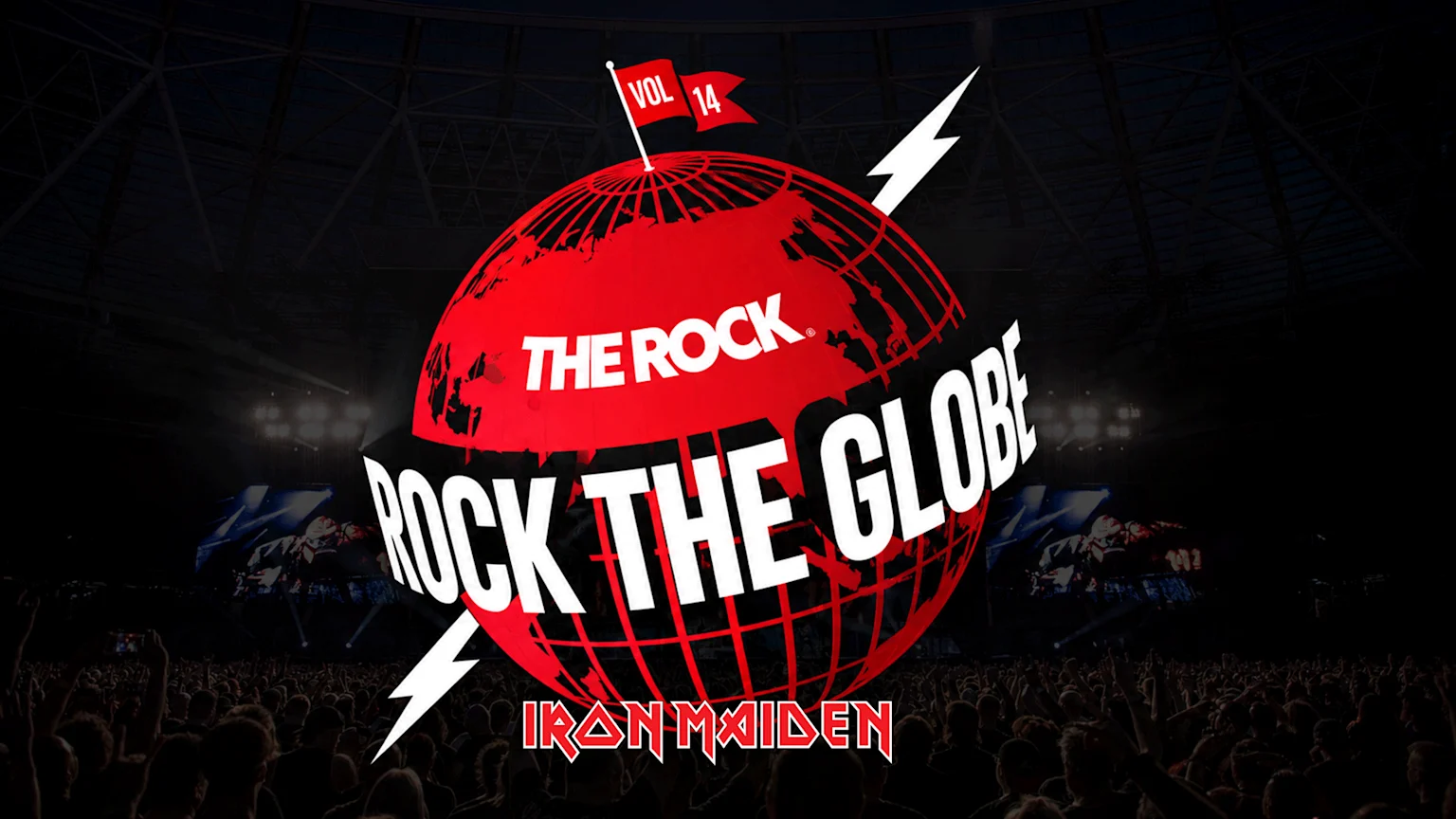 A red globe with black continents, text "THE ROCK." and "ROCK THE GLOBE", is impaled by a white lightning bolt and topped with a flag reading "VOL 14", all on a black background.