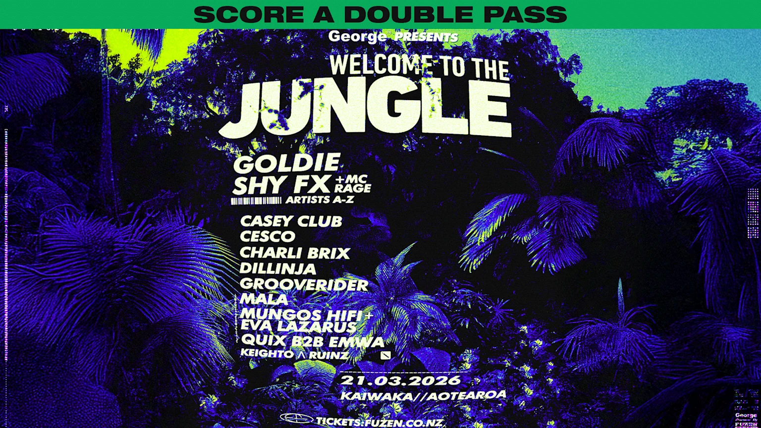 A digital promotional poster for the 'Welcome to the Jungle' music event presented by George, featuring a neon-colored jungle background and a lineup of artists including Goldie, Shy FX, MC Rage, and others. Scheduled for 21 March 2026 in Kaiwaka, Aotearoa with tickets at Fuzen.co.nz.