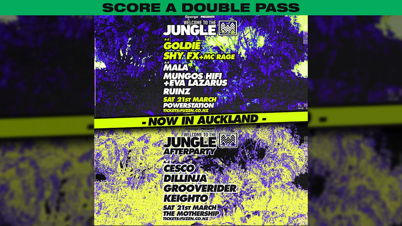 A digital promotional poster for the 'Welcome to the Jungle' music event presented by George, featuring a neon-colored jungle background and a lineup of artists including Goldie, Shy FX, MC Rage, and others. Scheduled for 21 March 2026 in Kaiwaka, Aotearoa with tickets at Fuzen.co.nz.