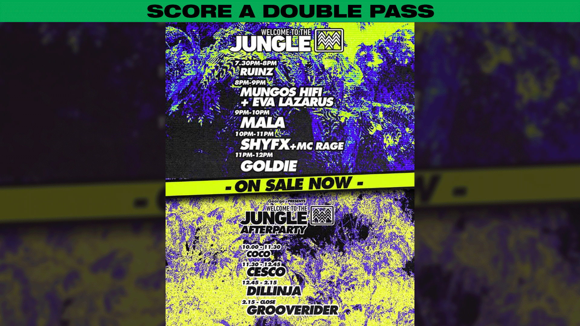 A digital promotional poster for the 'Welcome to the Jungle' music event presented by George, featuring a neon-colored jungle background and a lineup of artists including Goldie, Shy FX, MC Rage, and others. Scheduled for 21 March 2026 in Kaiwaka, Aotearoa with tickets at Fuzen.co.nz.